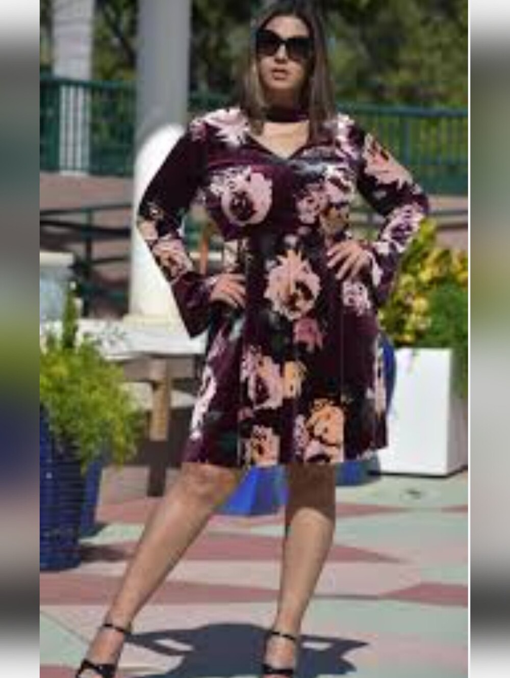 Ivanka Trump Floral Velvet Long Sleeve Dress in Wine Size 16